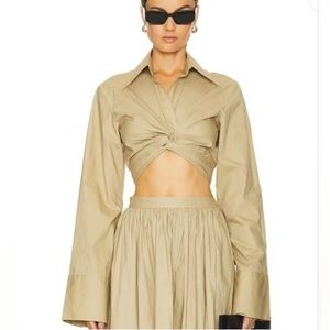 Ronny Kobo Palmer Cotton Poplin Long Sleeve Bare Midriff Tie-Back Tan Top Medium